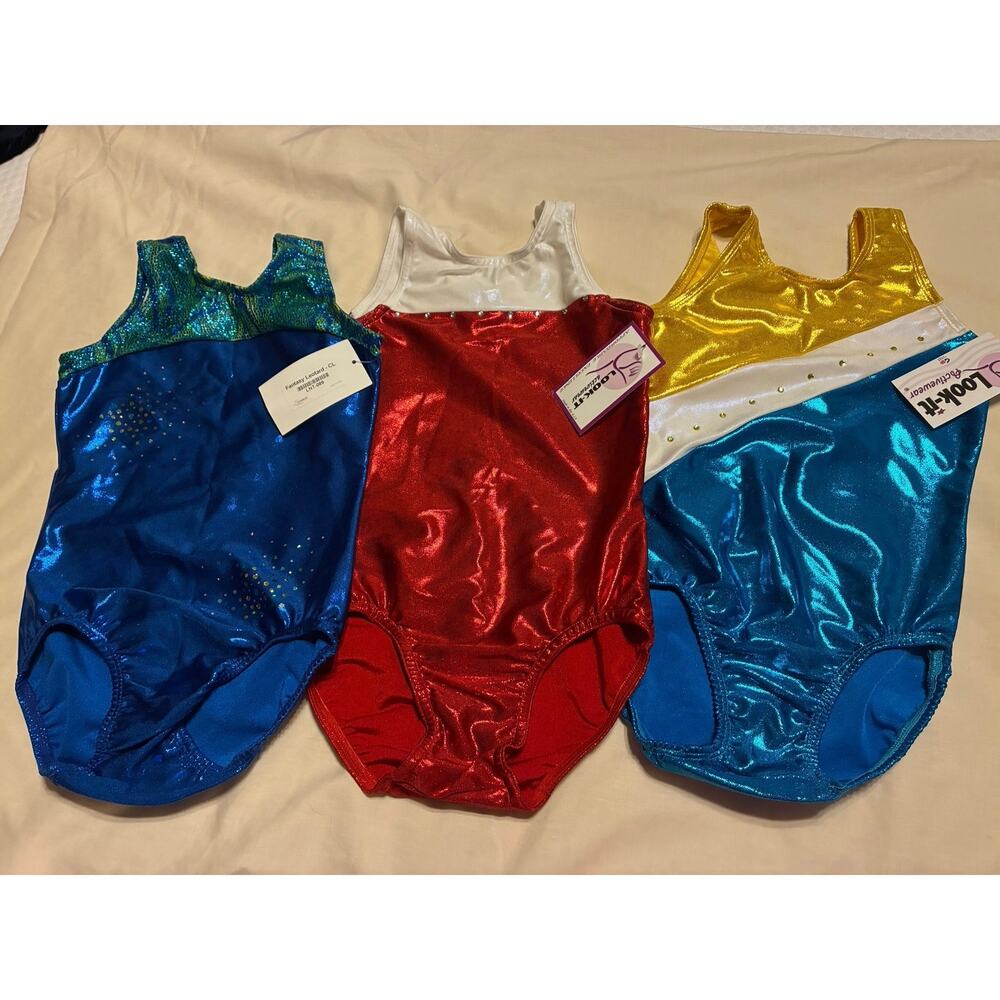 Lot 3 Girls Gymnastics Leotards NWT Look-It Metallic Blue Red Gold Rhinestone